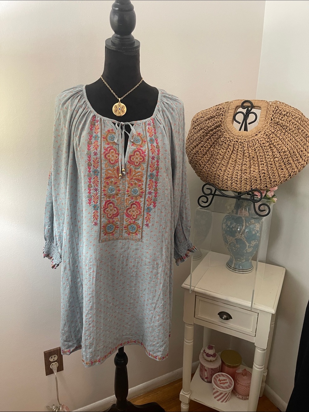 NATURAL LIFE Light Blue Dress with Coral Dot Print and Red/Tan Flowers